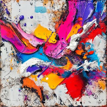 Dynamic strokes in a flurry of vibrant hues on a rough concrete base square urban and isolated