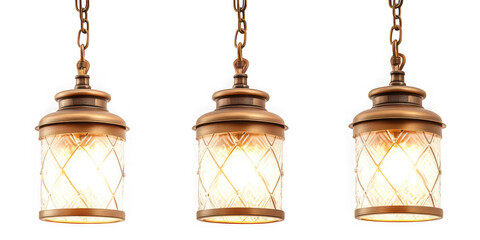 Collection of  three hanging lights with chain and patterned glass against black background real image, no blur, clear image, hd, full hd, photos, isolated white background