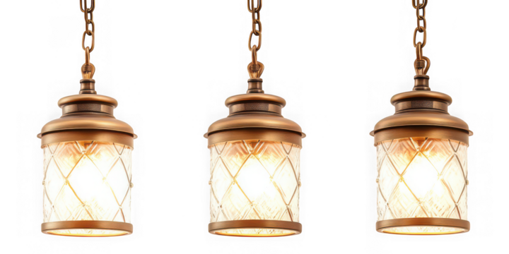Collection of  three hanging lights with chain and patterned glass against black background real image, no blur, clear image, hd, full hd, photos, isolated white background