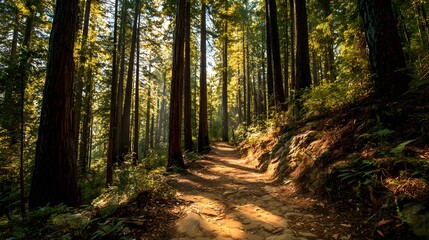 Naklejka premium Empty forest trail surrounded by tall redwood trees in California golden sunlight filtering through dense canopy natural shadows creating depth crisp earthy textures human eye perspective