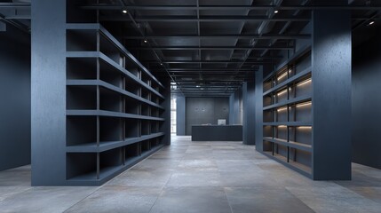 Matte monochrome-themed open office in deep navy tones slate flooring metallic grid shelves focused overhead lighting casting symmetrical