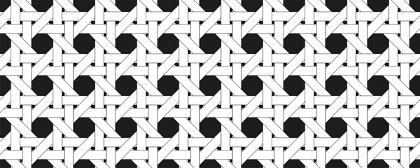 Rattan pattern on black background. Horizontal wicker geometric black and white lattice weave pattern. Rattan decoration pattern.