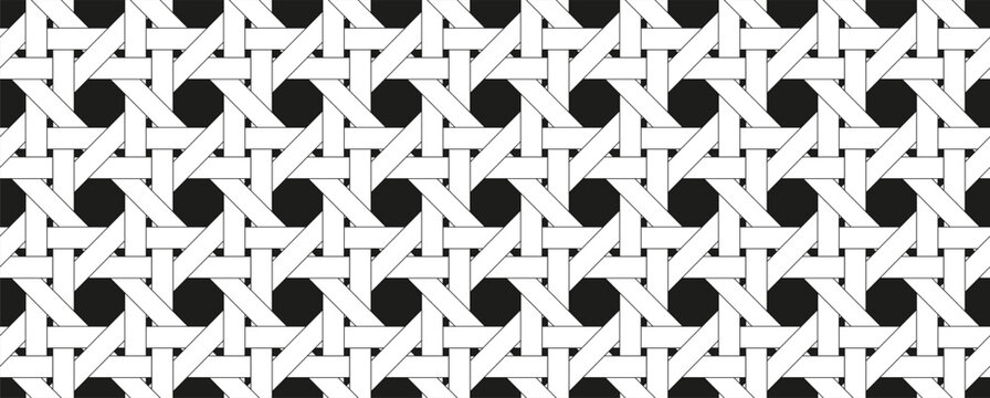 Rattan pattern on black background. Horizontal wicker geometric black and white lattice weave pattern. Rattan decoration pattern.
