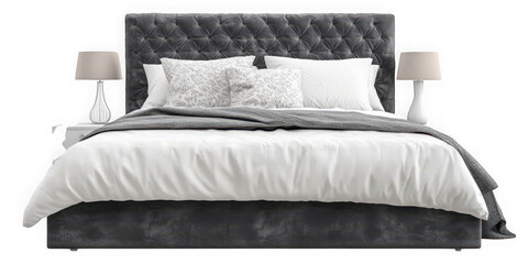 Collection of  a luxurious bed with gray headboard and white linens against black backdrop real image, no blur, clear image, hd, full hd, photos, isolated white background