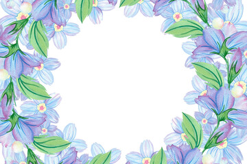 Horizontal frame, round space for text, square background, template of forget-me-not flower, bud, dew, leaf, foliage, Myosotis, copy space, floral illustration. Hand drawn watercolor abstract painting
