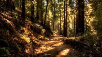 Obraz premium Empty forest trail surrounded by tall redwood trees in California golden sunlight filtering through dense canopy natural shadows creating depth crisp earthy textures human eye perspective