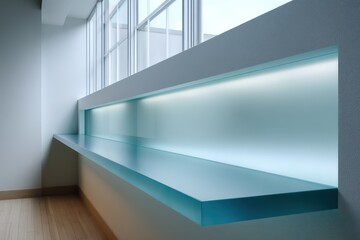 Obraz premium Minimalist frosted glass headboard with gradient teal tint backlit by concealed LEDs natural phased skylight fill shallow DOF