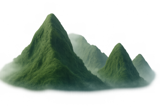 Green mossy mountains rising from a layer of fog on a transparent background, creating a mystical and serene atmosphere
