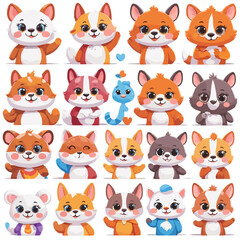 Fototapeta premium A collection of cartoon animal characters, including foxes and other furry creatures, in various poses and colors.