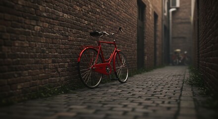 Red Bicycle Leaning Against Brick Wall in Narrow Alleyway, Urban Scene