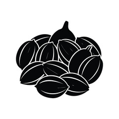 Detailed black silhouette of a heap of cardamom pods on white