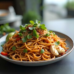A plate of spicy noodles garnished with fresh cilantro, chili slices, crushed peanuts, and a boiled egg, beautifully presented on a ceramic dish with a hint of lime in a cozy, modern setting.
