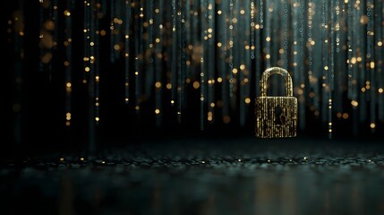 A golden padlock with binary code against a dark background