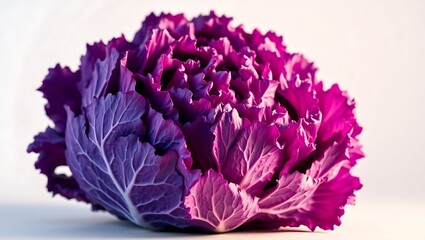 A close up shot of a vibrant purple cabbage with detailed leaf texture on a plain white background