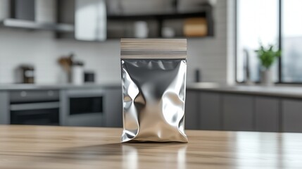 blank foil pack with a blurred kitchen counter blur background