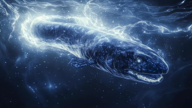 Electric Eel on a minimalistic background lifelike textures glowing accents centered composition dynamic natural lighting deep blues and silvers evokes energy and intrigue