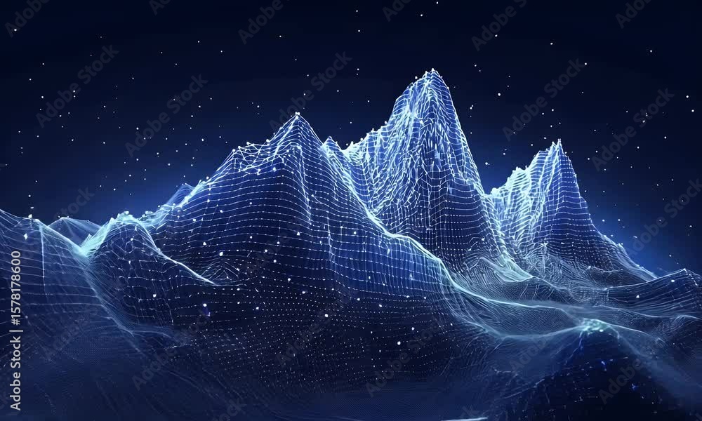 Poster abstract digital blue background with dots and lines in the form of an illuminated mountain landscap