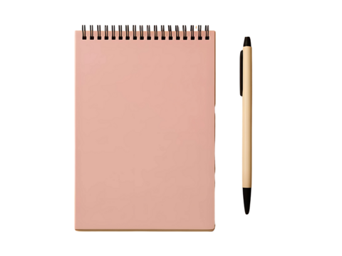 Pink Spiral Notebook with Pen - Stationery and Creative Workspace - Blank Page Mockup isolated transparent background 