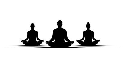 Three Meditating Silhouettes in Lotus Position a White Background and Relaxation