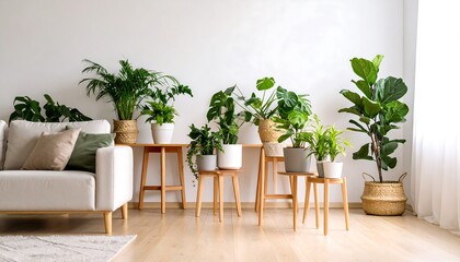 Cozy Living Room Interior with Lush Houseplants with Modern Decor, and and Natural Light.