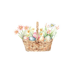 Obraz premium Easter basket filled with eggs and flowers, watercolor illustrat