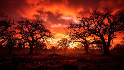 Fiery sunset over barren trees