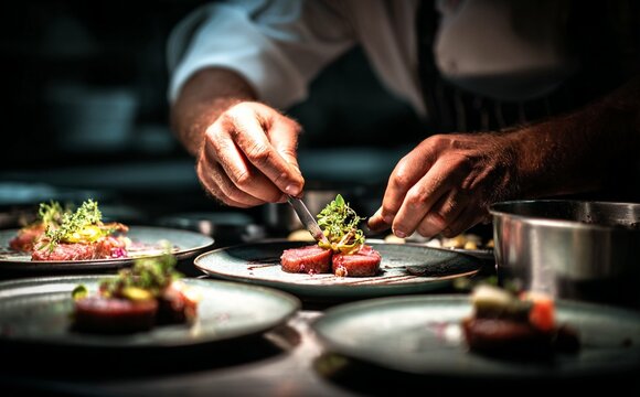 Chef plating gourmet seared tuna dish