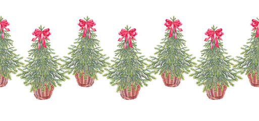 Watercolor seamless border with christmas tree in basket and red ribbon bow on white background. Forest evergreen fir or pine for card. Hand-drawn rim for new year celebration or wrapping wallpaper