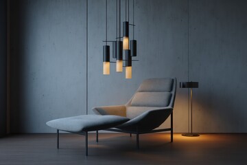 Minimalistic chandelier of matte-black steel strips and frosted cylinders above a gray wool lounge chair dusk LED uplights
