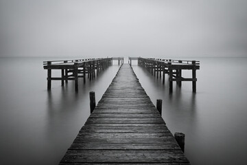 A monochrome long exposure photograph of an old pier extending into soft misty water with all edges softened and almost disappearing into white haze this HD image captures aged texture