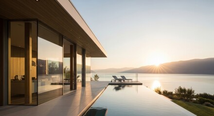Obraz premium Modern Luxury Lakeside Villa With Infinity Pool at Sunset