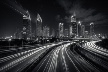 Fototapeta premium A long exposure shot in black and white showing light trails from distant traffic across a curving city highway at night with buildings faded into soft outlines this HD-rendered image