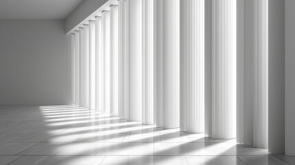 Obraz premium **Monotone vertical blinds in smooth white, casting linear shadows across a glossy tiled floor