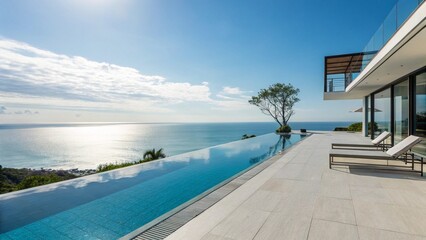Fototapeta premium Modern Infinity Pool Overlooking Tranquil Ocean Horizon Bright Sky