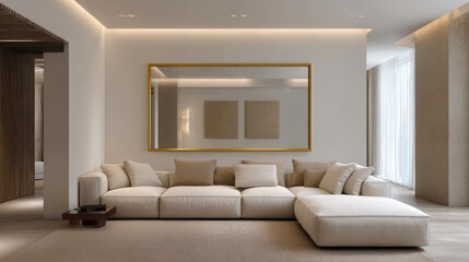Mirror with thin golden frame reflecting a gallery wall and soft beige sectional subtle top-down lighting and ambient