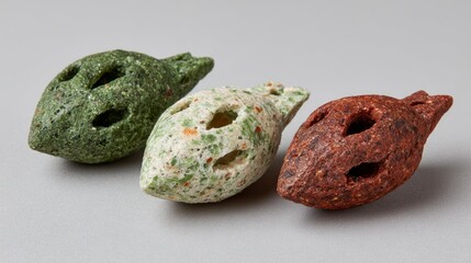 Three textured fish shaped baked treats in green white and brown on a gray background