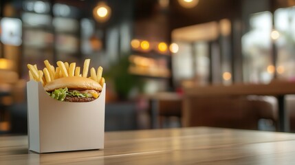 blank paper burger wrapper and fries box on a blurred vibrant restaurant table on blur background 