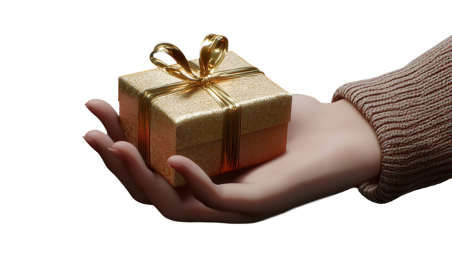 A shimmering golden gift box offered with care in a welcoming hand radiating generosity and on transparent background