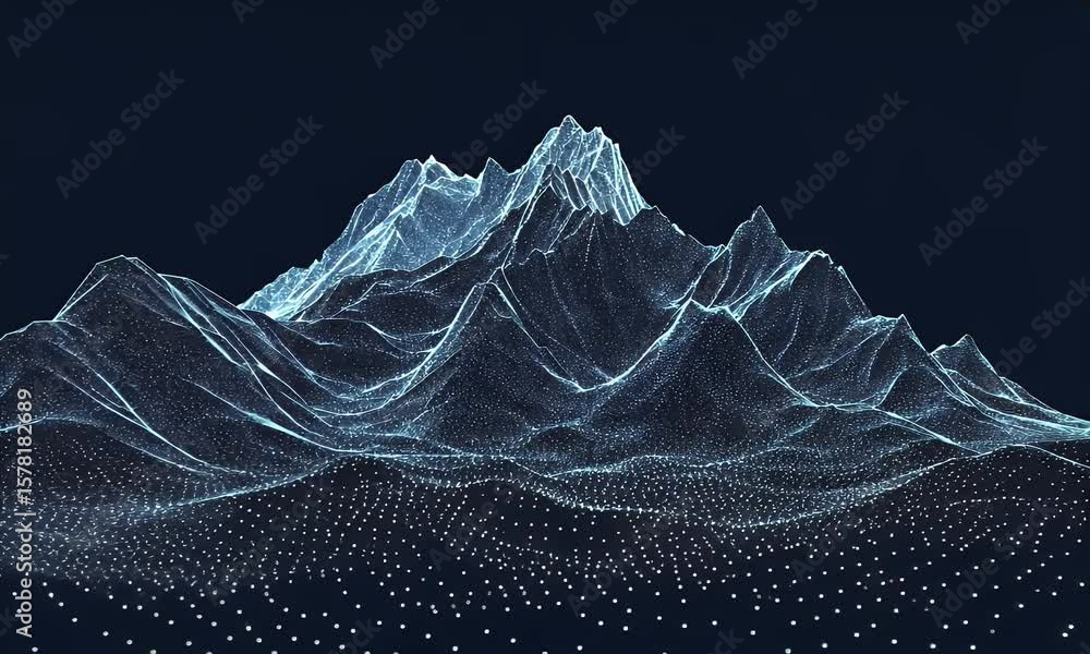 Poster abstract digital blue background with dots and lines in the form of an illuminated mountain landscap