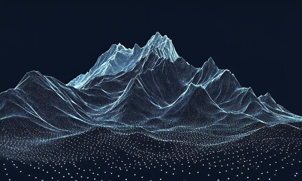 Abstract digital blue background with dots and lines in the form of an illuminated mountain landscape. Big data and artificial intelligence concept. - Powered by Adobe