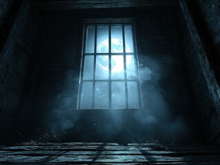Moonlit, barred window in a dark attic