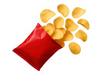 Potato chips cascading from crinkled red foil package, revealing golden, crunchy texture against clean white backdrop