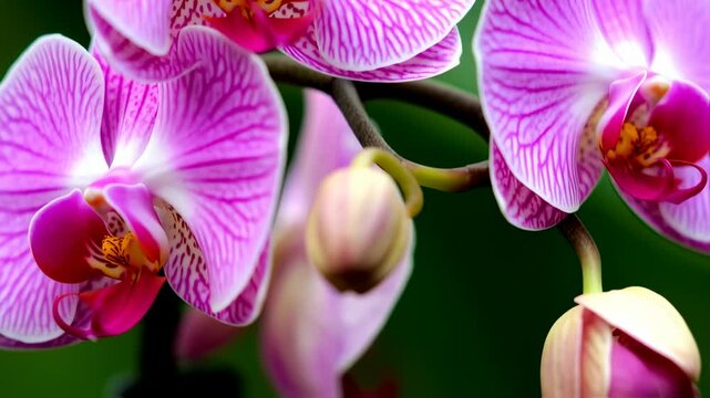 Close-up of delicate pink Phalaenopsis orchids with intricate patterns and green backdrop