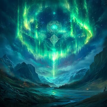 Arcane Aurora A magical display of auroral lights infused with ancient symbols vibrant and symbolic