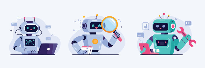  Robot Character Utilizing Artificial Intelligence for Business Automation, Marketing Tasks, Code Assistance, and Search-Based Question Answering in a Contemporary Flat Design Style