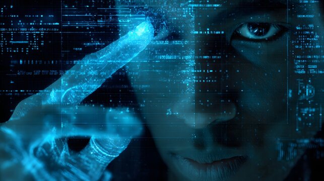 Person touching digital interface with glowing blue code overlay