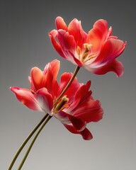 Obraz premium Red Double Tulip Suspended Mid-Air with Subtle Motion Blur Against Deep Gray Gradient Background, Gravity-Defying Floral Art for Modern Editorial and Design Use