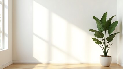 Minimalist natural workspace background with soft daylight, plant shadows, and neutral tones.