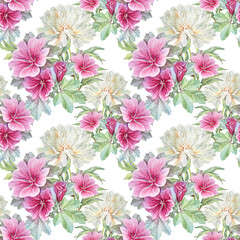 Watercolor seamless pattern with purple malva and peony on white background. Spring pink flower with leaves for wedding celebration. Botanical summer wrapping or wallpaper. Sketchbook coloring book