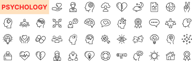 Psychology Mental Health Awareness Icon Design Featuring Brain, Heart, Therapy, Emotions, Cognitive Function, Support, Mood, Relationships, Wellness, and Communication Symbols